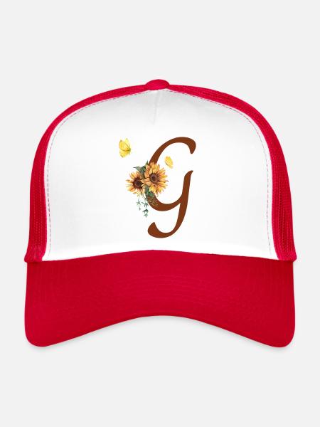 Lettre g tournesol papillon - Casquette trucker  - blanc/rouge - Devant