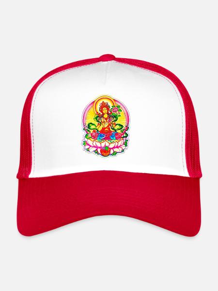 Tara Tibet Bouddhisme Fleur de Lotus Déesse du Soleil Om - Casquette trucker  - blanc/rouge - Devant