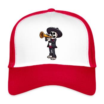 Squelette de Mariachi jouant de la trompette - Casquette trucker  - blanc/rouge - Devant