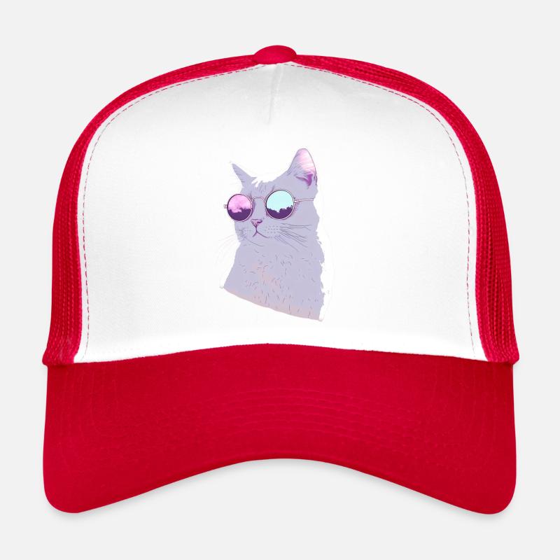 Chat avec lunette de soleil - Casquette trucker - blanc/rouge