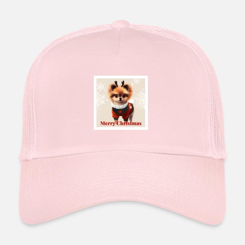 Doux Spitz miniature poméranien dans un Noël. Casquette trucker 