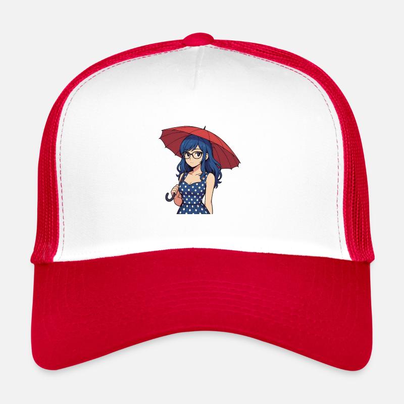 Eine junge Frau mit Regenschirm Trucker Cap