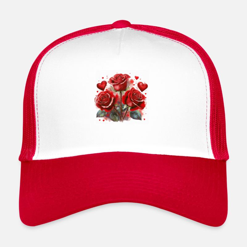 Roses rouges avec des cœurs - Casquette trucker  - blanc/rouge
