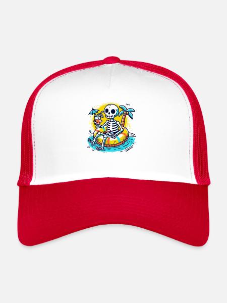 Skeleton with Float Rings – Fun Summer Design - Trucker Cap - white/red - Front