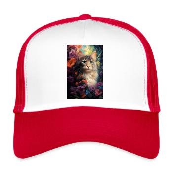 Chat dans le jardin avec des fleurs - Casquette trucker  - blanc/rouge - Devant