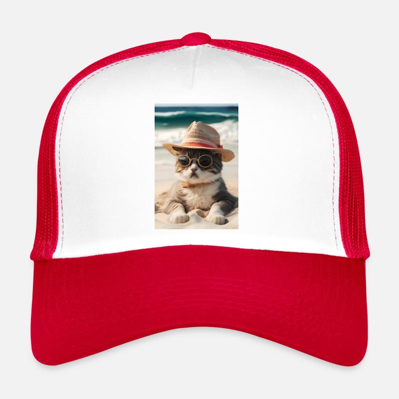 Chat cool sur la plage avec lunettes de soleil et chapeau Casquette trucker 