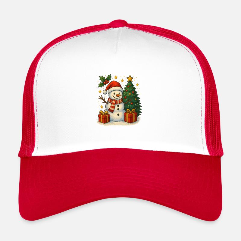 Christmas snowman with tree and gifts - Trucker Cap - white/red