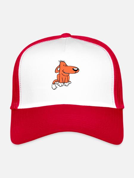 Chien Assis Mignon Drôle Heureux Comique Animal de compagnie - Casquette trucker  - blanc/rouge - Devant