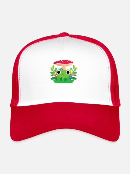 Cute Cottagecore Frog With Flowers and Mushroom - Trucker Cap - white/red - Front