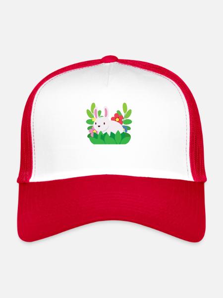 Cute Cottagecore Fluffy Bunny Rabbit With Flowers - Trucker Cap - white/red - Front