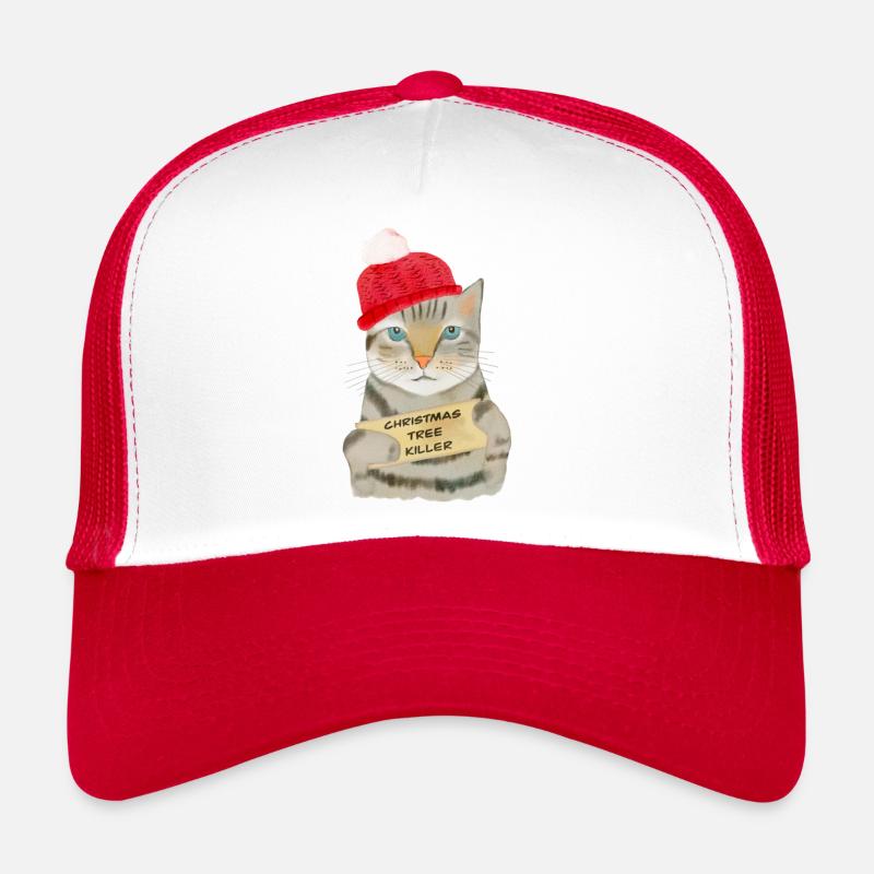 Cute Watercolor Christmas Cat, Christmas Tree Kill - Trucker Cap - white/red