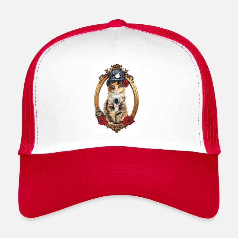 Steampunk Katze - Trucker Cap - Weiß/Rot