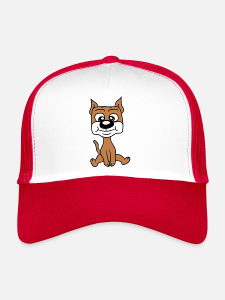 chien assis mignon petit chiot heureux animal de compagnie - Casquette trucker  - blanc/rouge - Devant
