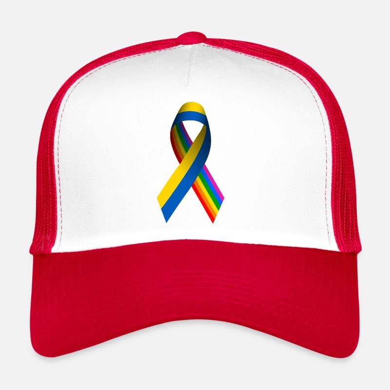 Ukrainische Friedensschleife mit Regenbogenfahne - Trucker Cap - Weiß/Rot