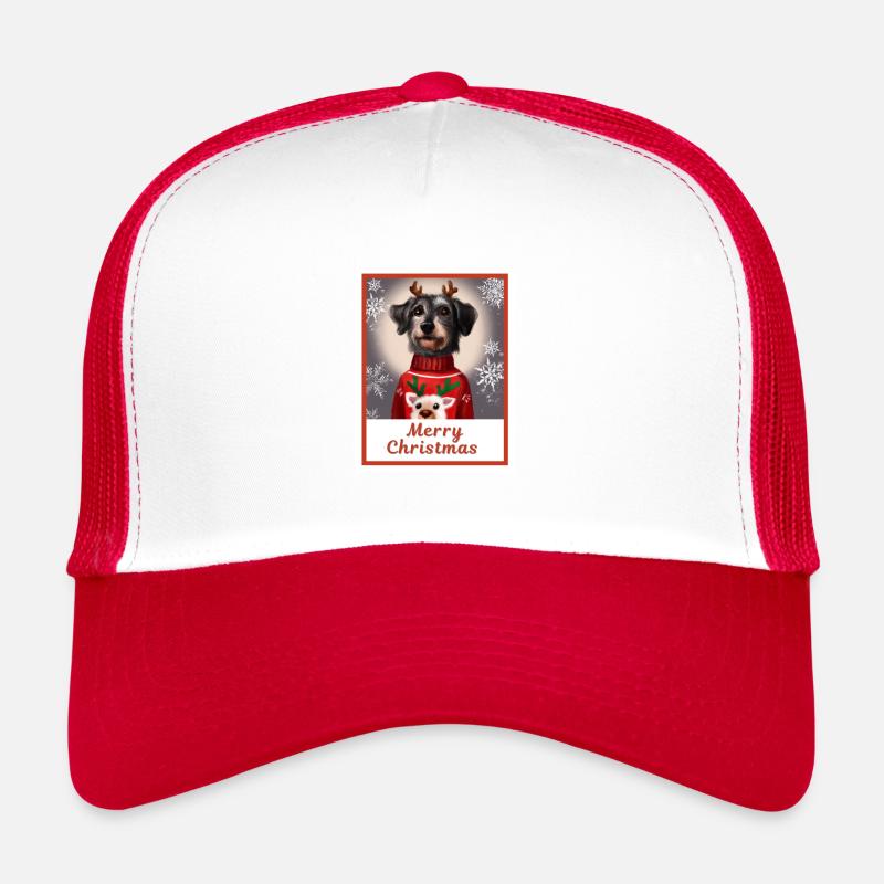 Schwarzer Zwergschnauzer im Weihnachtspullover. Trucker Cap