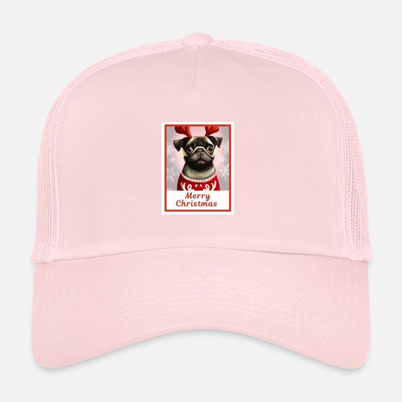 Babymops im Weihnachtspullover und Rentierhörnern Trucker Cap