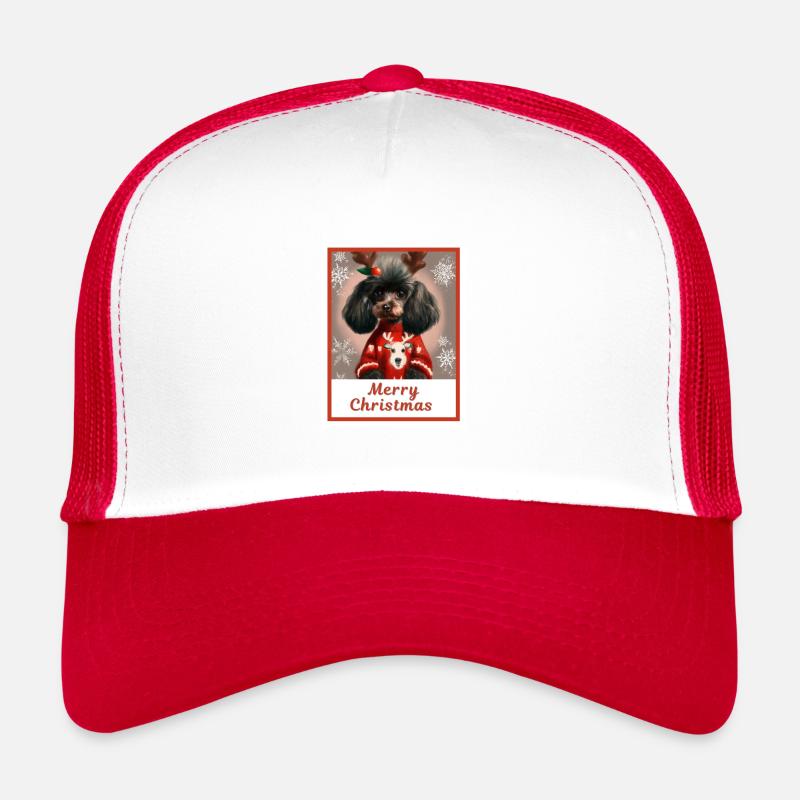 Niedlicher Hund (schwarzer Zwergpudel) in einem festlichen - Trucker Cap - Weiß/Rot