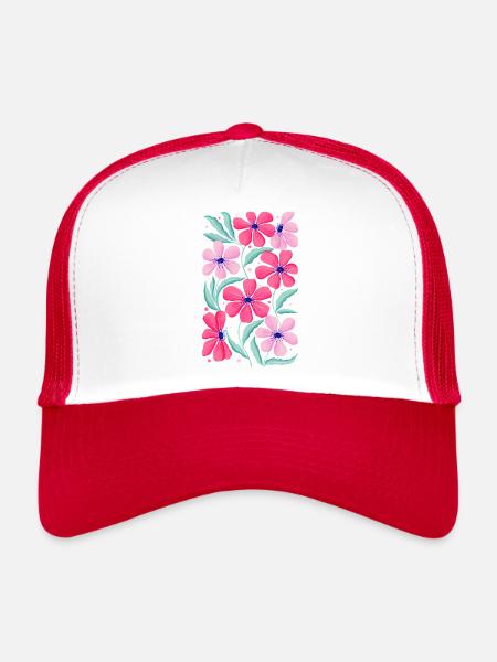 Floral Decor in Pink. Customizable - Trucker Cap - white/red - Front