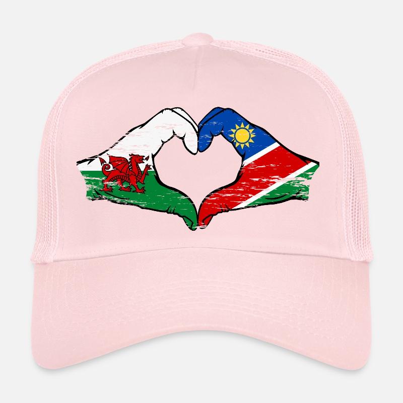 Drapeau du Pays de Galles et de la Namibie, mains en forme de cœur, utilisé Casquette trucker 