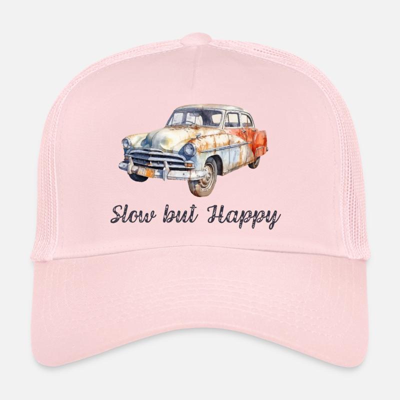 Langsames, aber glückliches Vintage-Retro-Aquarellauto - Trucker Cap - Hellrosa