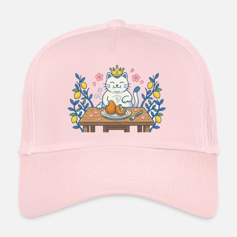 Chat roi à table avec des croquettes Casquette trucker 