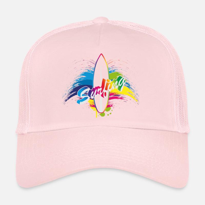 Surfing Regenbogen Surfboard Splash Typografie - Trucker Cap - Hellrosa