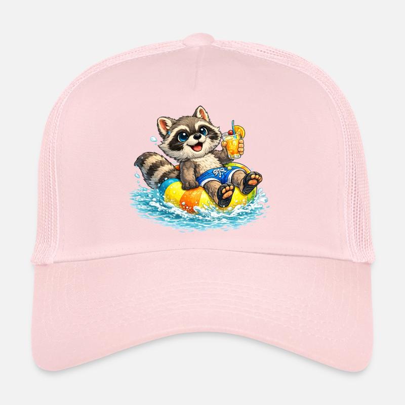 Raton laveur dans un cercle de nage avec cocktail Description Casquette trucker 