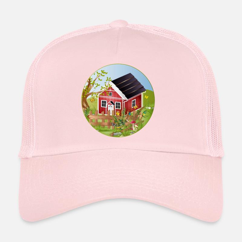 Petite maison rouge avec jardin idyllique Casquette trucker 