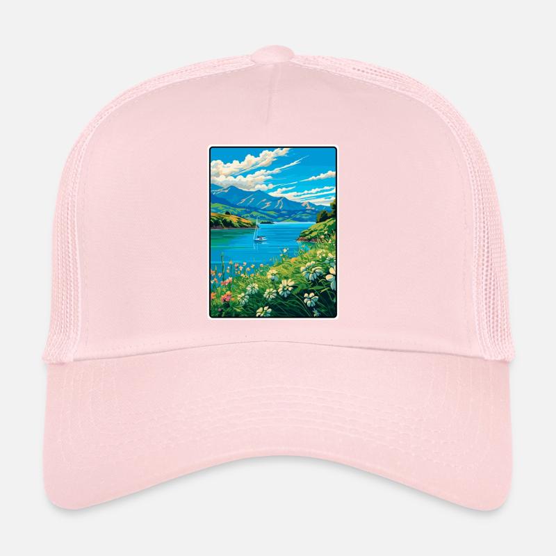 Azurblauer Lake Vista mit Wildblumen Trucker Cap