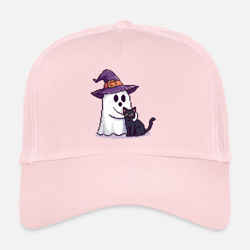 Pixel Ghost with Witch Hat & Cat – Halloween - Trucker Cap - pale pink