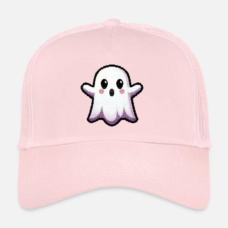 Glitch Pixel Ghost Says "Boo!" – Cute & Retro - Trucker Cap - pale pink