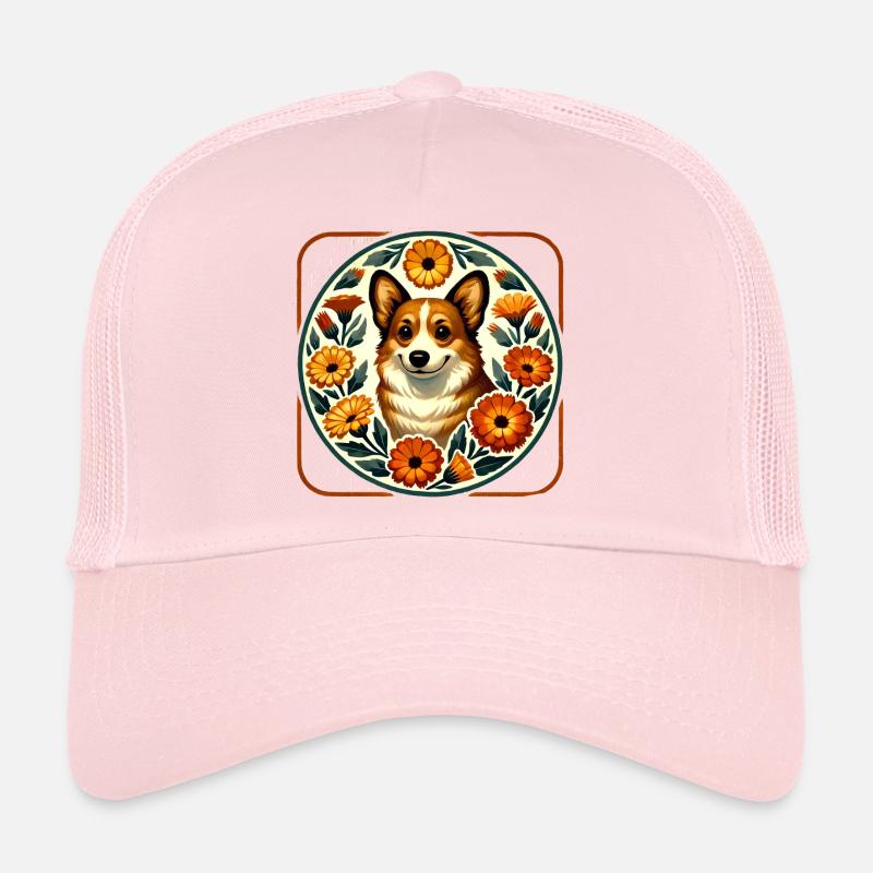 Corgi Floral Circle Folk Art Trucker Cap