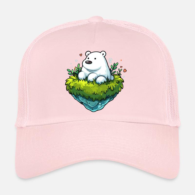 Polar bear on green island raft Trucker Cap