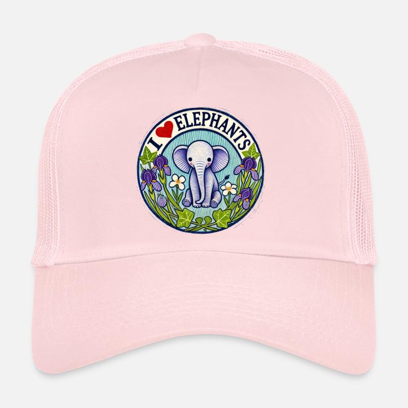I Love Elephants Floral Circle Trucker Cap