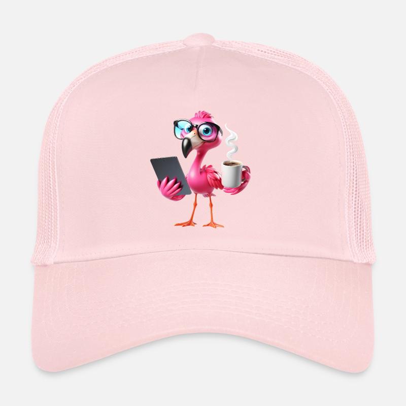 Flamingo im Büro mit Tablet & Kaffee Trucker Cap