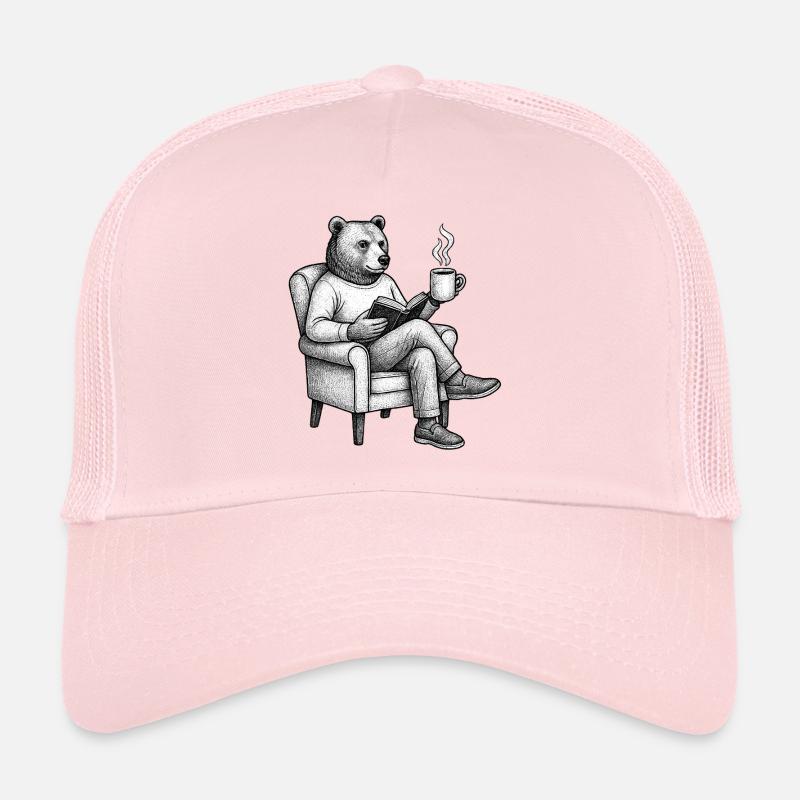 Bear Reader with Book and Mug Trucker Cap