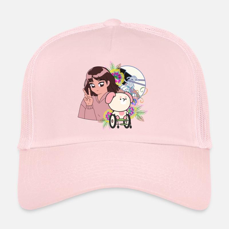 Anime-Mädchen Frieden und Hund im Rollstuhl Kunst Trucker Cap