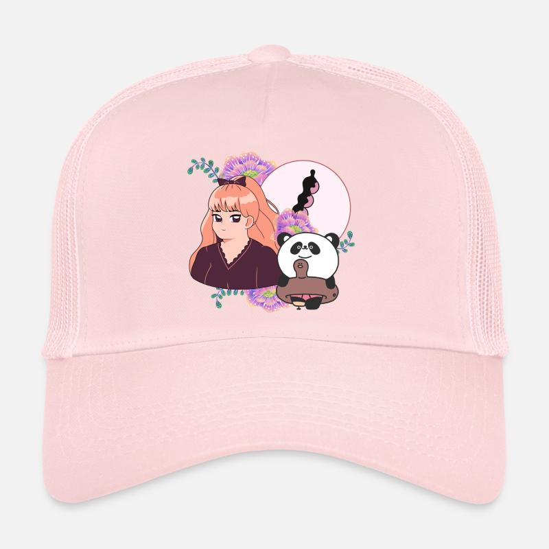 Manga-Mädchen und Panda mit Beinprothese Trucker Cap