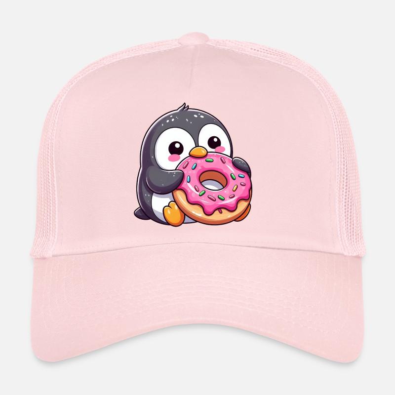 Pingouin mignon avec beignet dans le dessin animé enneigé Casquette trucker 