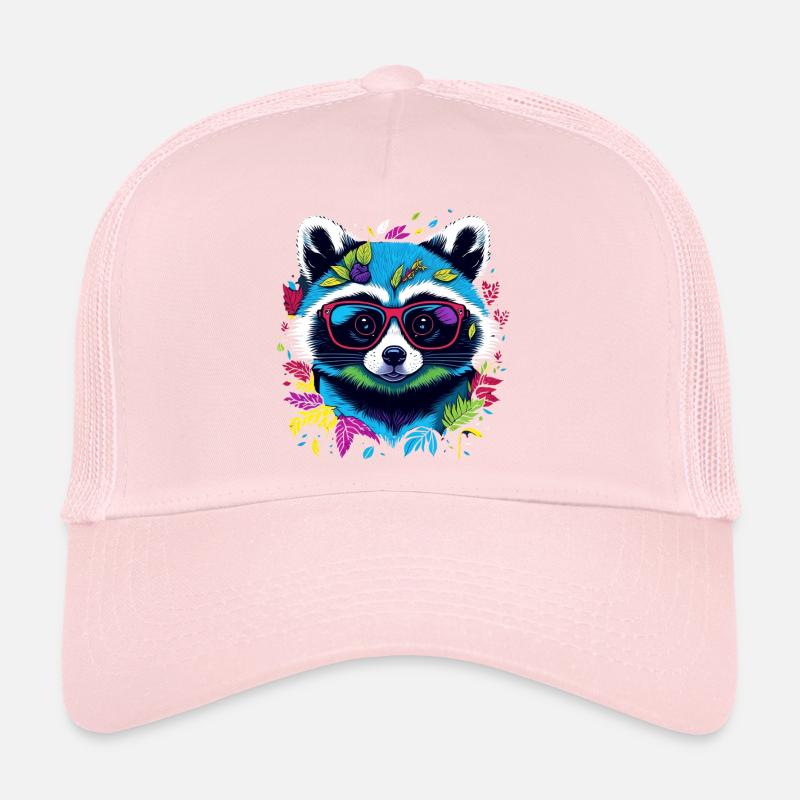 Bunter Waschbär mit Brille und Blättern Trucker Cap