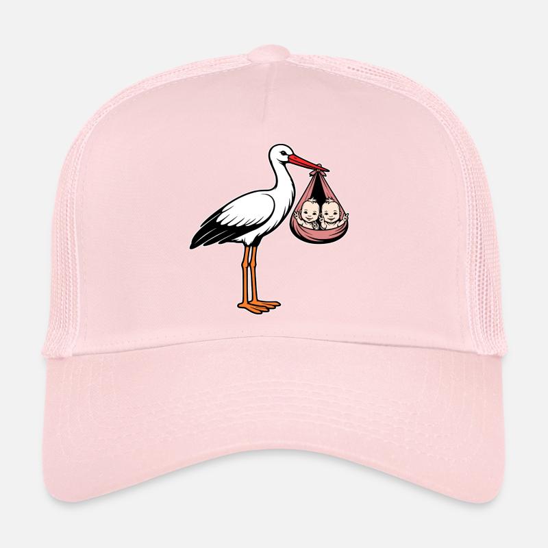 Stork with baby's twins in cloth pink Trucker Cap