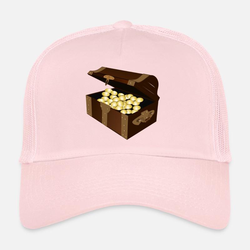 Braune Schatztruhe mit Gold gefüllt. Geschenkidee. Trucker Cap