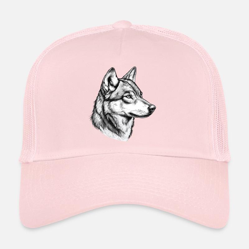 Tête de loup Dessin noir blanc - Casquette trucker - rose pâle