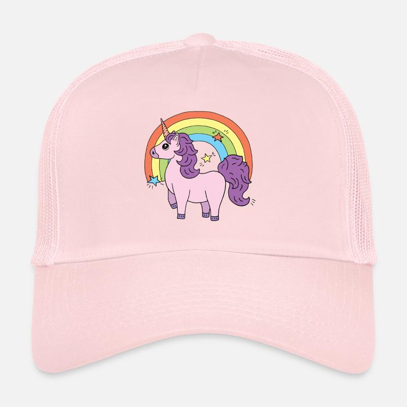Unicorn Elsbeth in front of a rainbow Trucker Cap