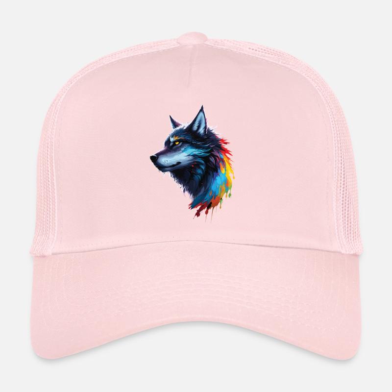 Loup aquarelle arcenciel éclaboussé Casquette trucker 