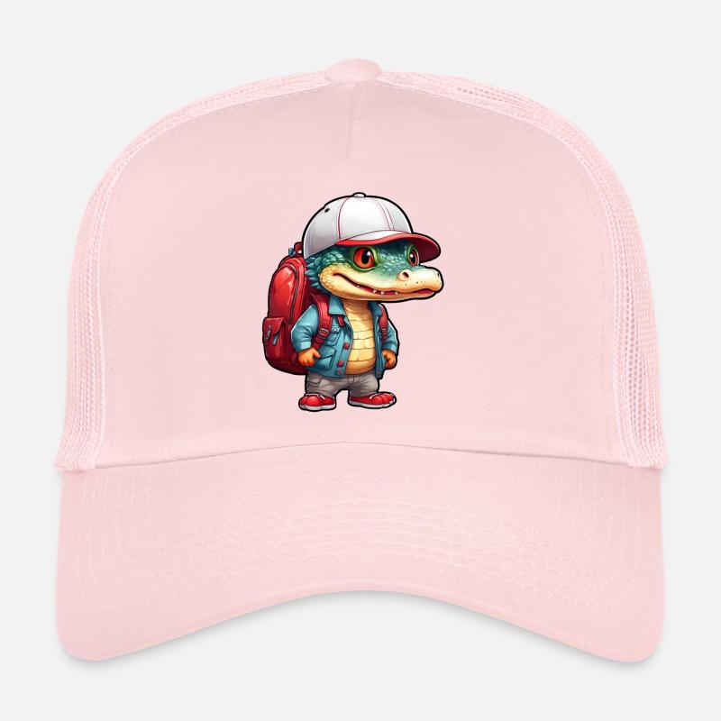 Cute crocodile in outdoor look with backpack Trucker Cap