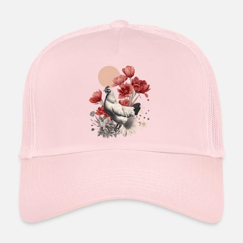 Vintage Huhn mit roten Blüten – Boho Illustration Trucker Cap