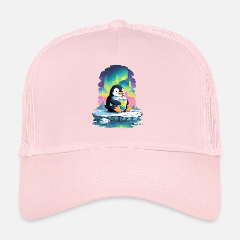 Pinguin am Eis mit Neon-Aurora Trucker Cap