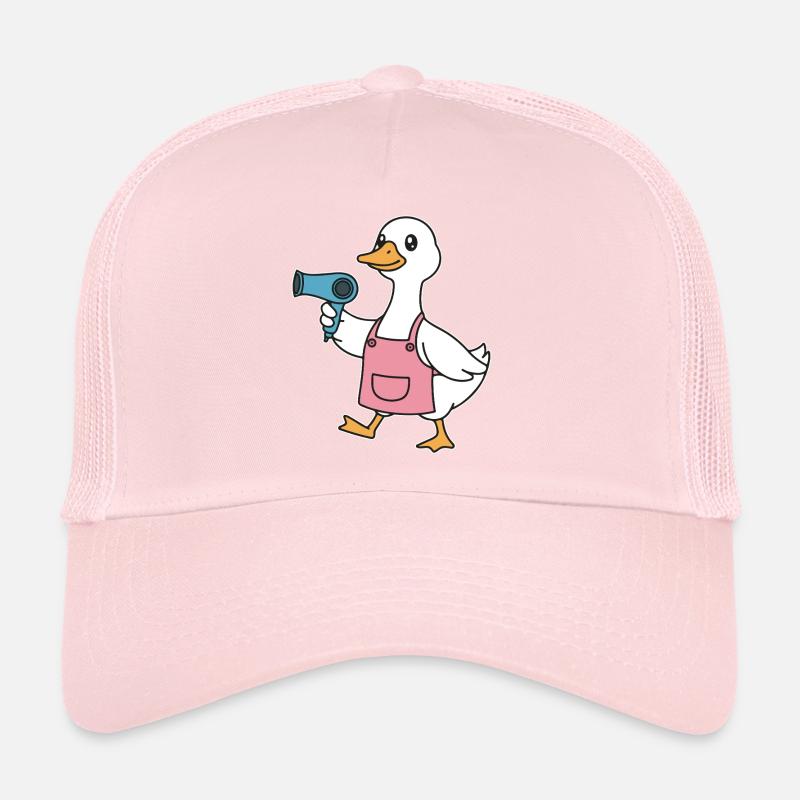 Canard avec sèche-cheveux en manteau rose Casquette trucker 