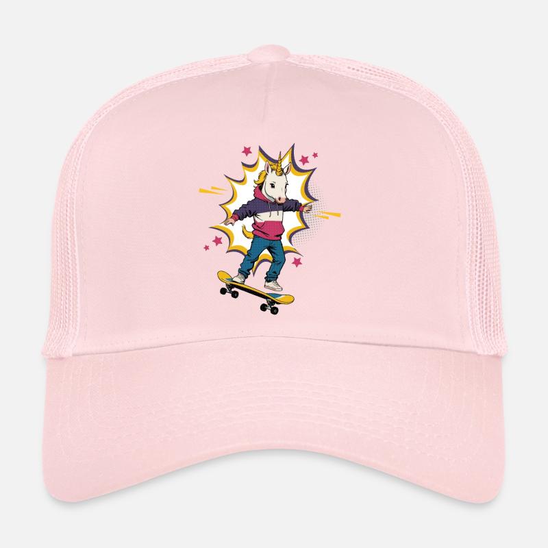 Retro Pop Art: Unicorn Boy Rides Skateboard Trucker Cap